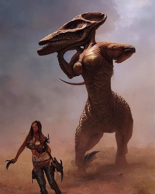 Image similar to hyper realistic photo of prehistoric hunter girl on a dino full body, cinematic, artstation, cgsociety, greg rutkowski, james gurney, mignola, craig mullins, jean baptiste monge, brom