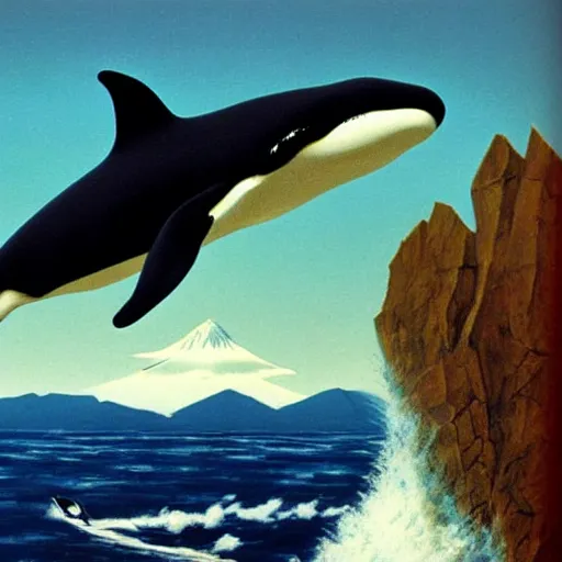 Prompt: a Killer Whale erupts from a turbulent ocean, in the background we see mountains and blue skies, by Chesley Bonestell, as featured on artstation, 3D