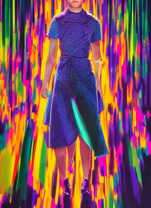 Prompt: issey mikeya fashion show, by Dan Mumford, Andreas Rocha, center framing, soft focus, vertical portrait, colorful lighting, f2, 50mm, hasselblad, film grain, reasonable lighting, portrait lighting, natural lighting, light leaks