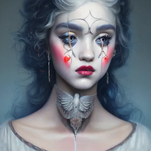 Prompt: tom bagshaw portrait, insanity and madness curiosities, beautiful asian mix of dove cameron madison beer bella poarch in a full dress body, clown makeup, professionally retouched, focus eyes, ultra realistic soft painting, insanely detailed linework, symmetrical accurate intricate features, behance, 8 k