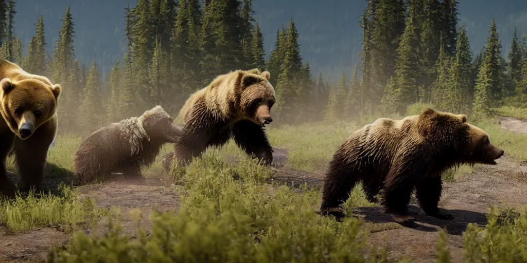 Prompt: A monster truck fighting a grizzly bear in its natural habitat, unreal engine, 8k