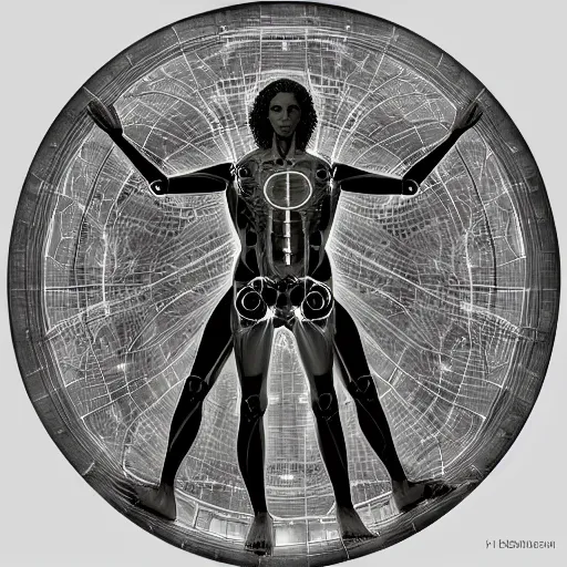 Prompt: beautiful centered fine art photo portrait of vitruvian man as a solarpunk robotic humanoid, white mechanical parts with led lights, bouguereau style pose, photorealistic, white background, highly detailed and intricate, soft box lighting, hdr 8 k