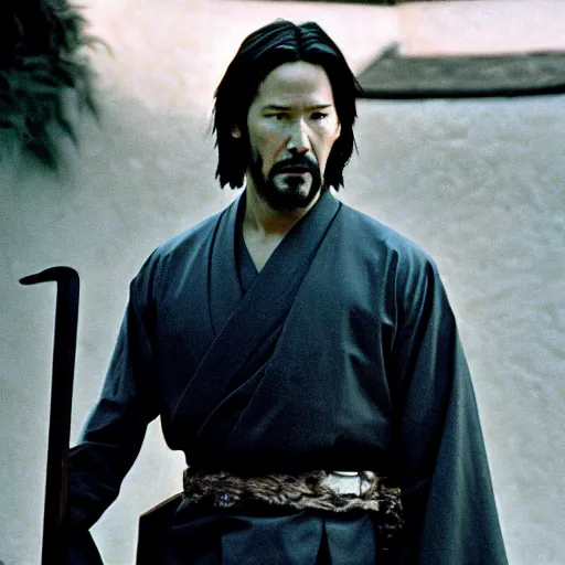 Image similar to cinematic film still of Keanu Reeves starring in a Steven Spielberg film as A Japanese Samurai at a temple, 1999, shallow depth of field, photograph, natural lighting