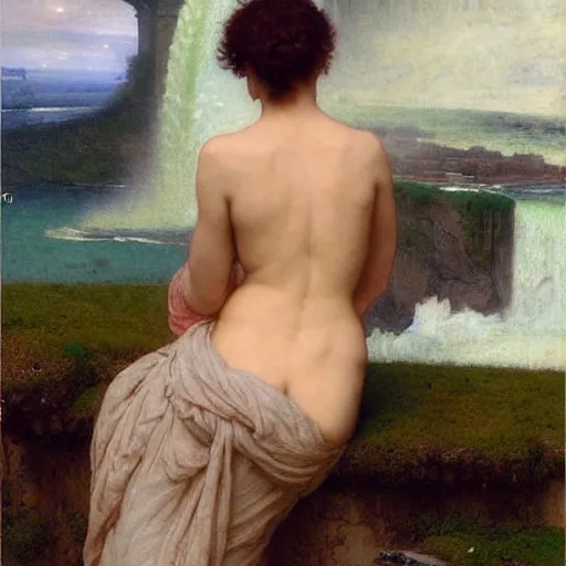 Image similar to a renaissance oil painting by alma tadema of a woman turned back on a stone balcony covered in moss with over shoulder view on the niagara falls waterfall at night, colourful pastel artstation greg rutkowski, detailed academic bouguereau, sharp focus