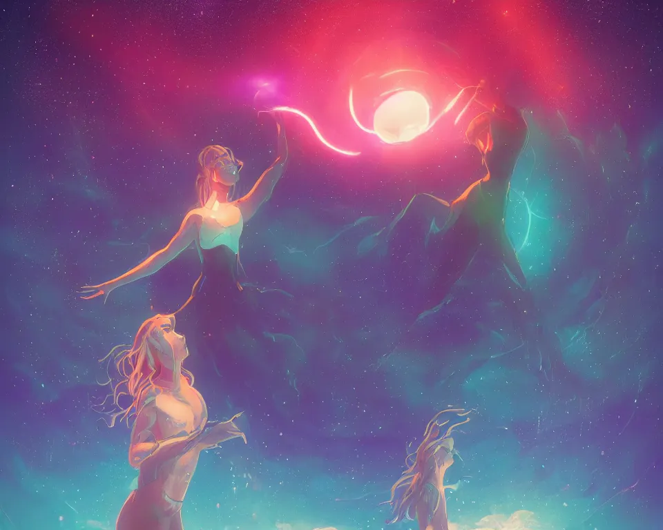 Image similar to beautiful fantastical girl standing in a lake basking in the moonlight, casting a spell, underneath a multi-colored binary blackhole with an accretion disc, glowing trails following her arms, wearing professional makeup, synthwave, by Lois van Baarle, by Greg Rutkowski, by artgerm, by beeple, by studio ghibli, cinematic angle, volumetric lighting, 4k resolution, octane render, trending on artstation, masterpiece