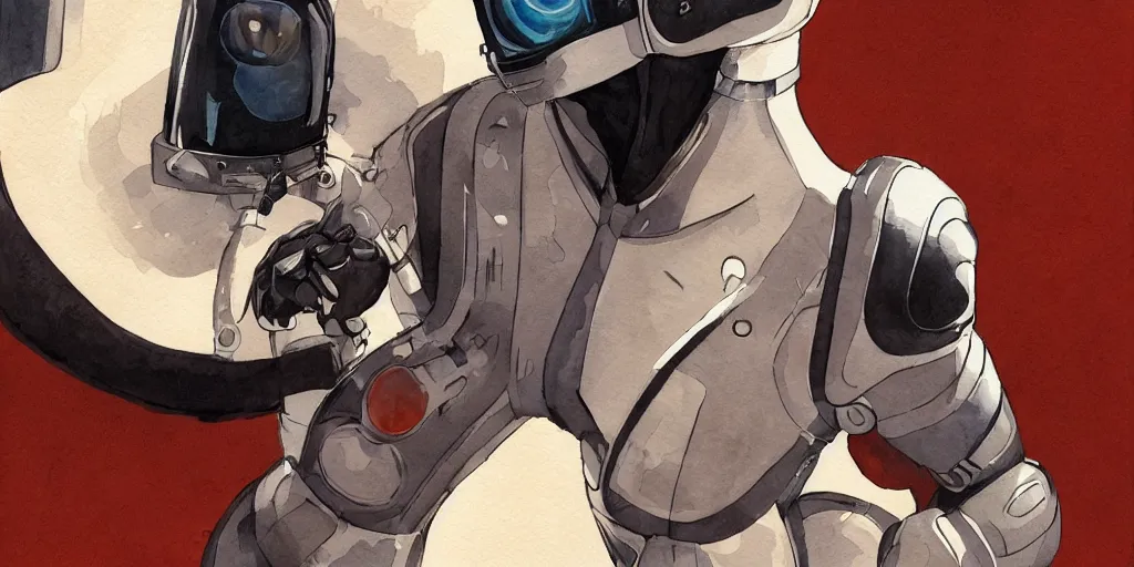 Image similar to female, full body, wide shot, modern space suit, intriguing helmet, stylized character design, the expanse tv series, large shoulders, short torso, long thin legs, tiny feet, science fiction, hyperdetailed, technical suit, dieselpunk, watercolor digital painting, in the style of bruce timm, by alex maleev