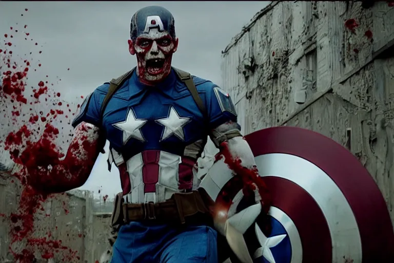 Image similar to film still of zombie zombie Captain America as a zombie in new avengers movie, 4k