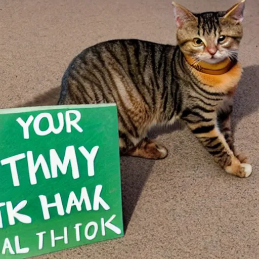 Prompt: a tabby cat holding a sign that says thank you!