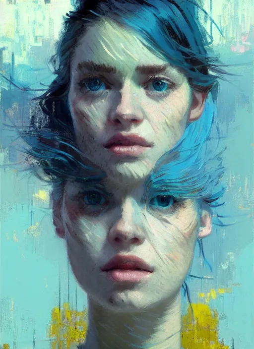 Image similar to portrait of a beautiful girl, new york backdrop, very sad, pastel shades of light blue and light yellow, beautiful face, rule of thirds, intricate outfit, spotlight, by greg rutkowski, by jeremy mann, by francoise nielly, by van gogh, digital painting