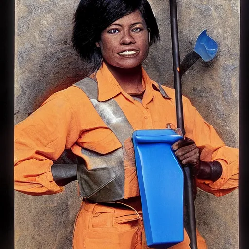 Prompt: 90's professional color photograph, A very muscular miner black woman in blue, short black hair, wielding a pickaxe in the mine. stunningly, beautiful, intricate, elegant, digital painting, smooth, sharp focus, beautiful bone structure, symmetrical features, made by Sam Gilliam, Edmonia Lewis,