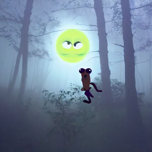 Image similar to pepe the frog flying at night through fog forest lit by the full moon