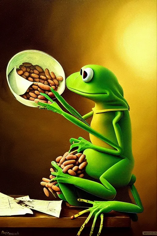 Image similar to hieronymus bosch, greg rutkowski, anna podedworna, painting of kermit the frog eating beans
