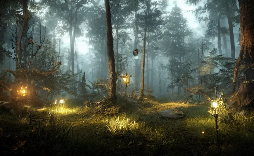 Image similar to steampunk fantasy forest. daylight. stars. unreal engine. 8K. detailed. photorealism. artstation. digital render. ultra realistic