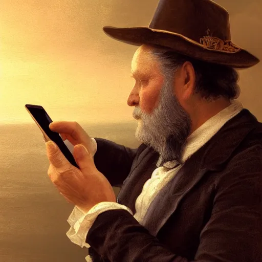 Prompt: victor hugo playing on his phone, digital art, trending on art station, high quality, uhd 8 k, beautiful, golden hour, intricate detail, high gradient, raytracing, dynamic lighting, sharp focus