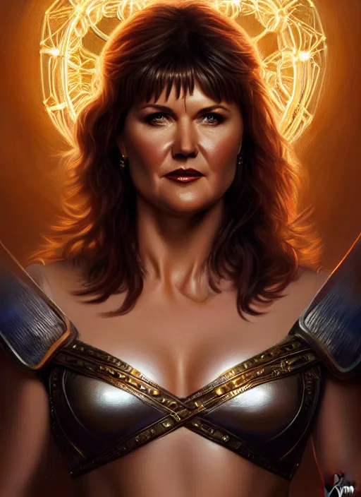 Image similar to portrait of lucy lawless as xena warrior princess, 1 9 5 0 s, intricate, elegant, glowing lights, highly detailed, digital painting, artstation, concept art, smooth, sharp focus, illustration, art by wlop, mars ravelo and greg rutkowski