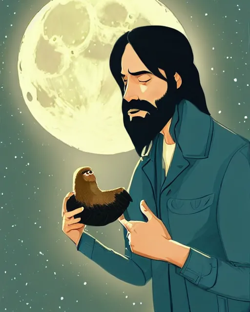 Prompt: portrait of a man with long black hair and beard holding his imaginary bird friend in his hands, full moon in the background, fine portrait, beautiful, concept art, by tomer hanuka