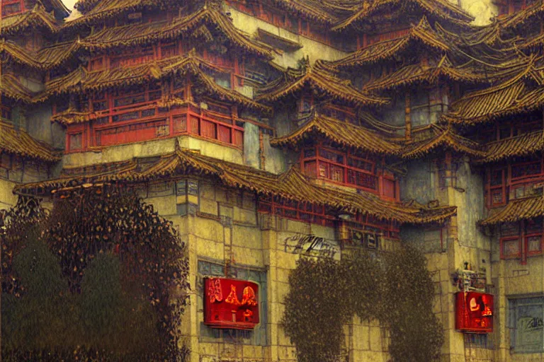 Image similar to cyberpunk chinese ancient castle, fantasy, painting by Gustav Klimt, greg rutkowski and alphonse mucha