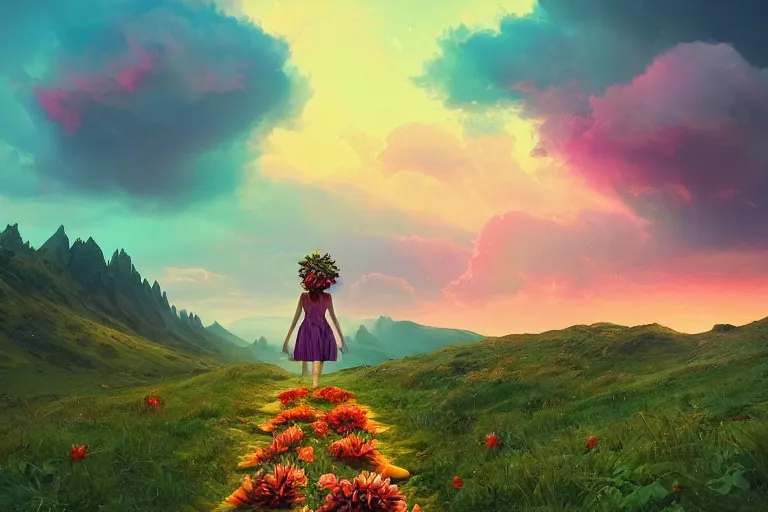 Image similar to giant dahlia flower crown under head, girl walking on mountain, surreal photography, colorful storm clouds, dramatic sunset, impressionist painting, digital painting, artstation, simon stalenhag