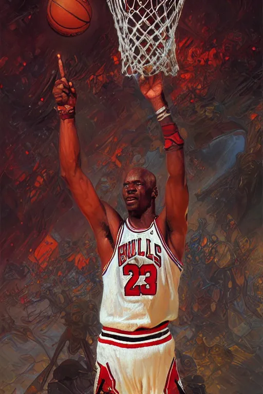 Image similar to michael jordan warrior, detailed, 8 k, trending on artstation, smooth, sharp focus artwork by, mark keathley, greg rutkowski and alphonse mucha