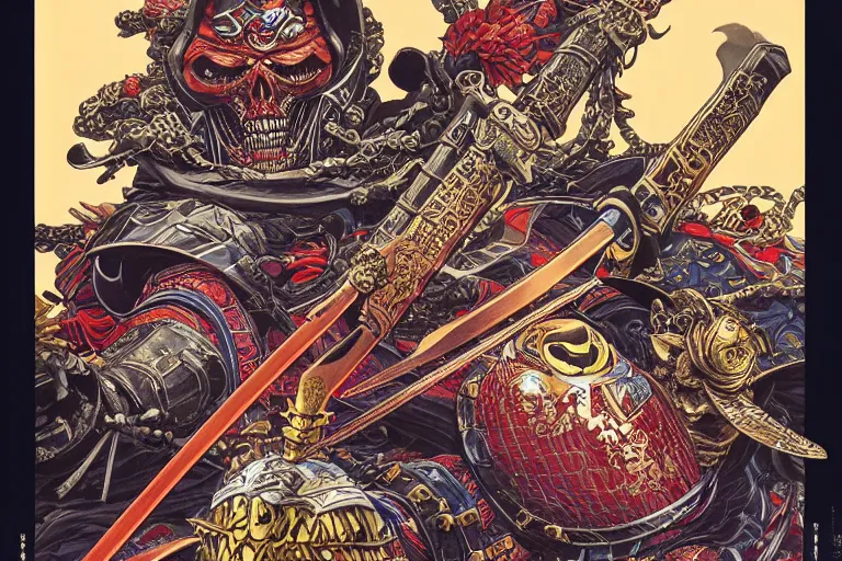 Image similar to poster of crazy skeletor samurai with japanese armor and helmet, by yoichi hatakenaka, masamune shirow, josan gonzales and dan mumford, ayami kojima, takato yamamoto, barclay shaw, karol bak, yukito kishiro