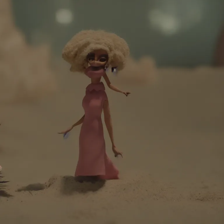 Image similar to a cinematic film still of a claymation stop motion film starring doja cat, shallow depth of field, 8 0 mm, f 1. 8