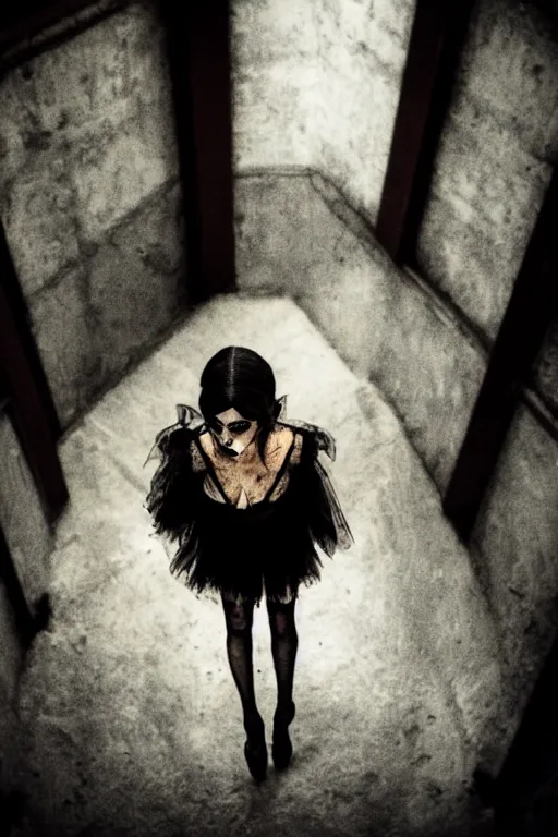 Prompt: dark ballerina, emil melmoth, concept art, deviantart, dark, 3 5 mm, chiaroscuro, surrealist, victorian, mist, dark down a basement stairs see from above