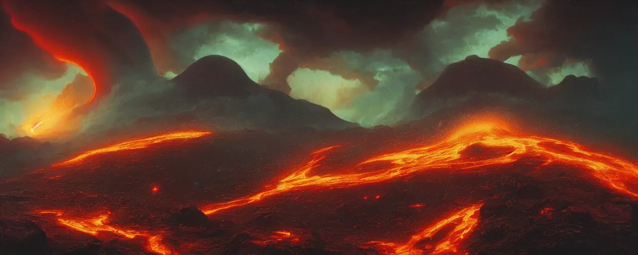 Image similar to ” outer planet with flowing rivers of magma, storm clouds and erupting volcanoes, [ art by paul lehr, cinematic, detailed, epic, widescreen, opening, establishing, mattepainting, photorealistic, realistic textures, octane render ] ”