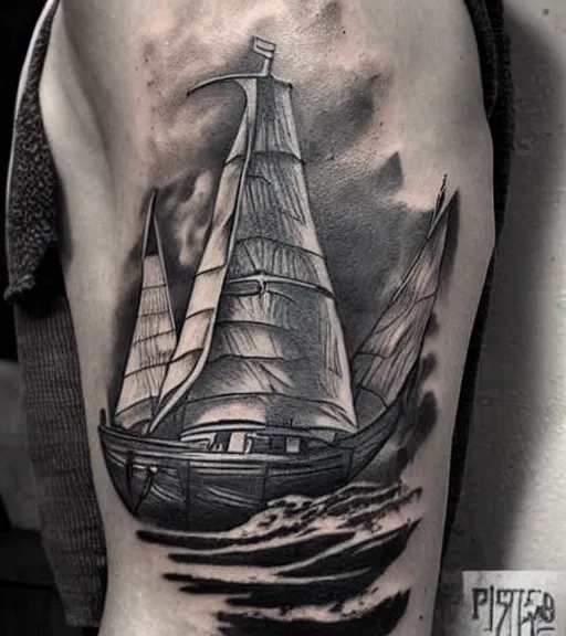 Image similar to A realism black and white tattoo design sketch of a pirate ship, highly detailed tattoo, shaded tattoo, hyper realistic tattoo