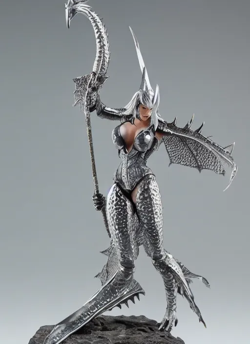 Image similar to 80mm, resin detailed model figure of a female wearing a silver dragon armor