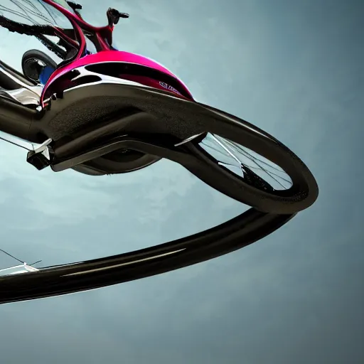 Image similar to A flying bike, the bike is flying in the air, the photo was taken from the ground looking up at the sky, realistic, ultra high detail, 8k.