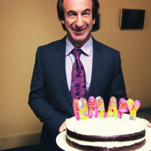 Image similar to saul goodman, smiling, holding a birthday cake