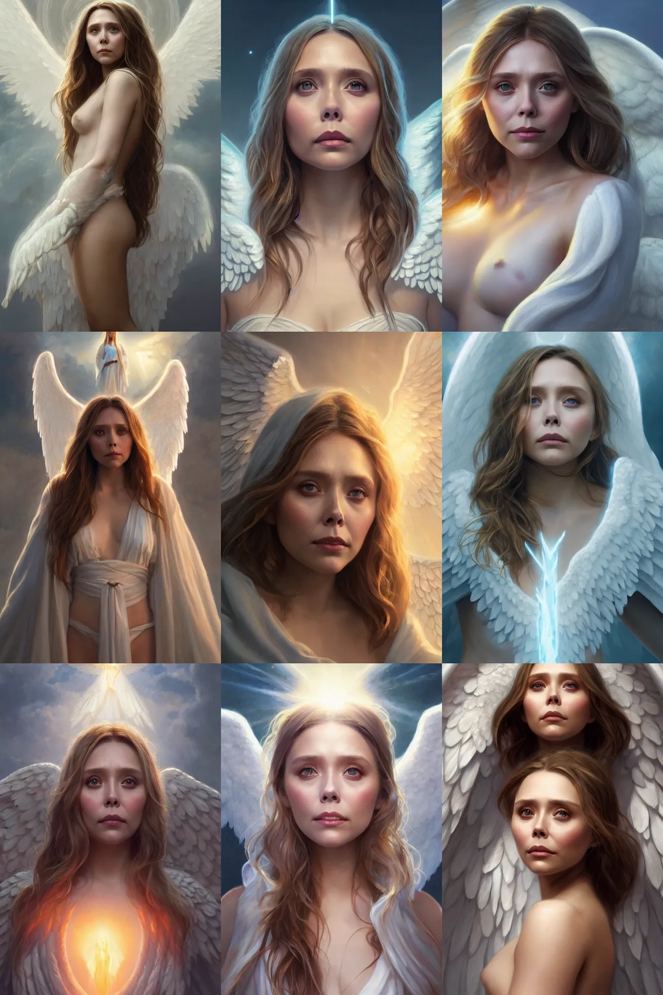 Prompt: elizabeth olsen as a heavenly angel, anatomy, bathing in light, highly detailed, photorealistic, artstation, smooth, sharp focus, illustration, unreal engine 5, 8 k, art by art by artgerm and greg rutkowski and edgar maxence