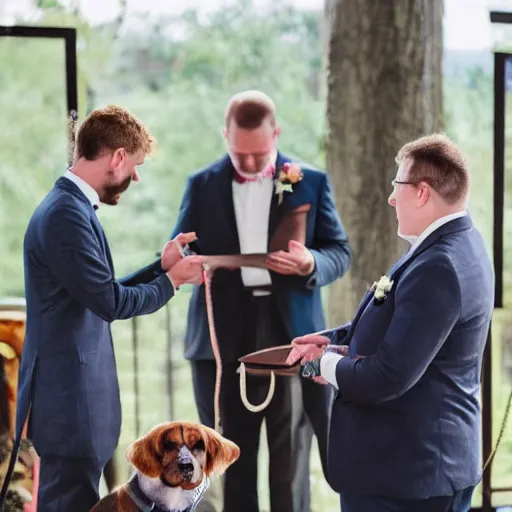 Prompt: markiplyer marries his dog pet shop ceremony