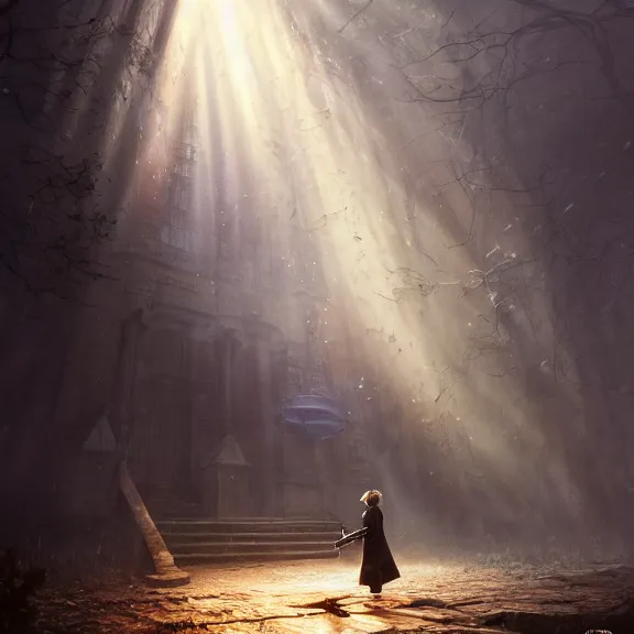 Image similar to a movie still from final fantasy live action, a ferret in a trenchcoat, evocative, mystical night, sharp focus, very very very very detailed, award winning, masterpiece digital painting by greg rutkowski, alex grey, marc adamus, beautiful dramatic lighting, artstation, 4 k wallpaper, style by peter deligdisch, peterdraws