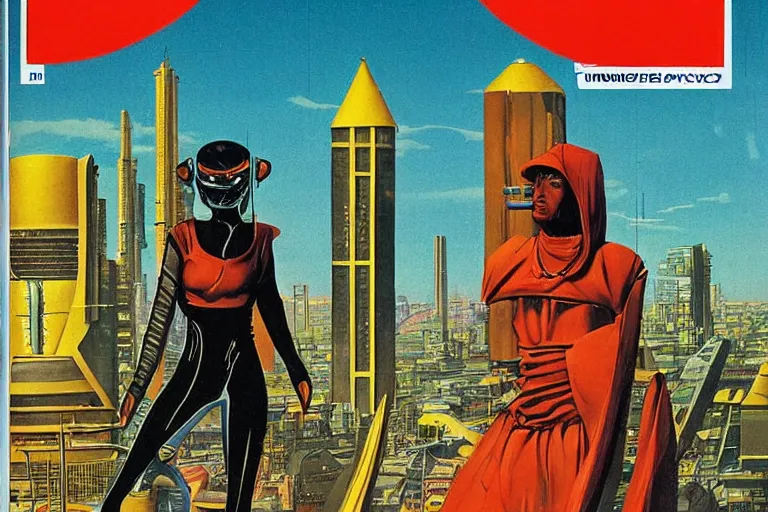 Image similar to 1979 OMNI Magazine Cover of vervet monkey in Mongolian armor. window showing neo-Tokyo streets behind her. in cyberpunk style by Vincent Di Fate