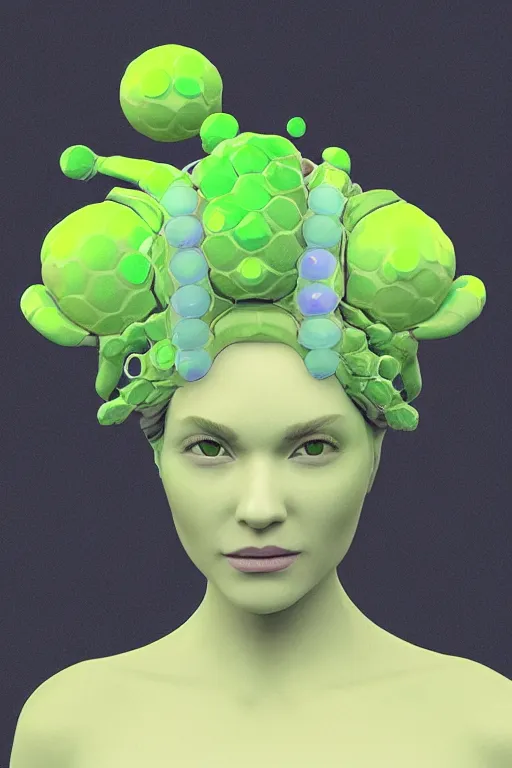 Image similar to epic 3 d sculpture of trans model, mesh headdress, 2 0 mm, with pastel yellow and pastel green bubbles bursting, voronoi, melting into bulbasaur, delicate, beautiful, intricate, houdini sidefx, artstation, by jeremy mann and ilya kuvshinov, jamie hewlett and ayami kojima