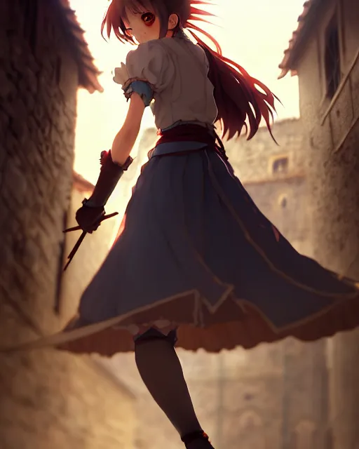 Prompt: pixiv, key anime visual portrait of a young female walking through a medieval village, dynamic pose, dynamic perspective, cinematic, dramatic lighting, detailed silhouette, film grain, yoshitaka amano, tending on artstation, face by yoh yoshinari, detailed, intricate