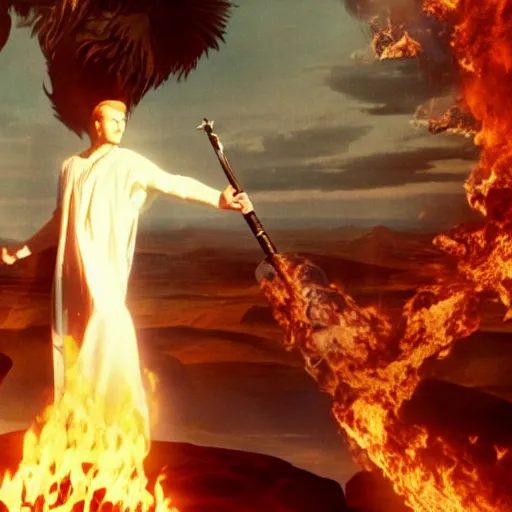 Prompt: cinematic still of divine angelic man with white ancient Canaanite robes holding a flaming sword, paradise in the background