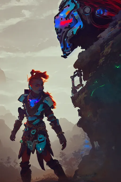 Image similar to combination suit armor aloy horizon forbidden west horizon zero dawn radiating a glowing aura global illumination ray tracing hdr fanart arstation by ian pesty and alena aenami artworks in 4 k tribal robot ninja mask helmet backpack