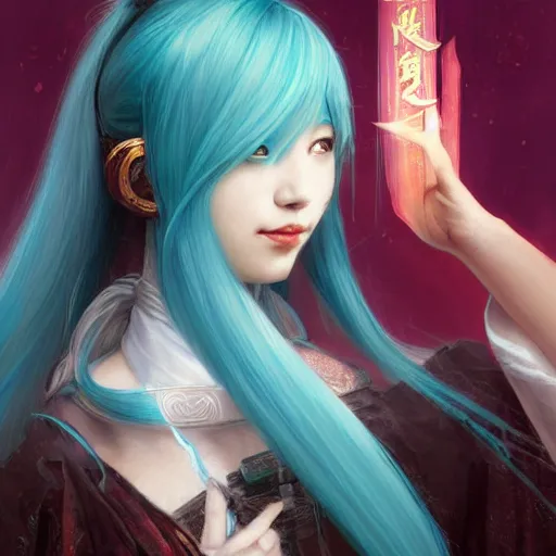 Image similar to a beautiful portrait of hatsune miku with teal colored hair with deep red highlights as an ancient chinese sorceress, space fantasy, in the style of magic the gathering, intricate, elegant, highly detailed, digital painting, artstation, concept art, matte, sharp focus, illustration, art by greg rutkowski and alphonse mucha