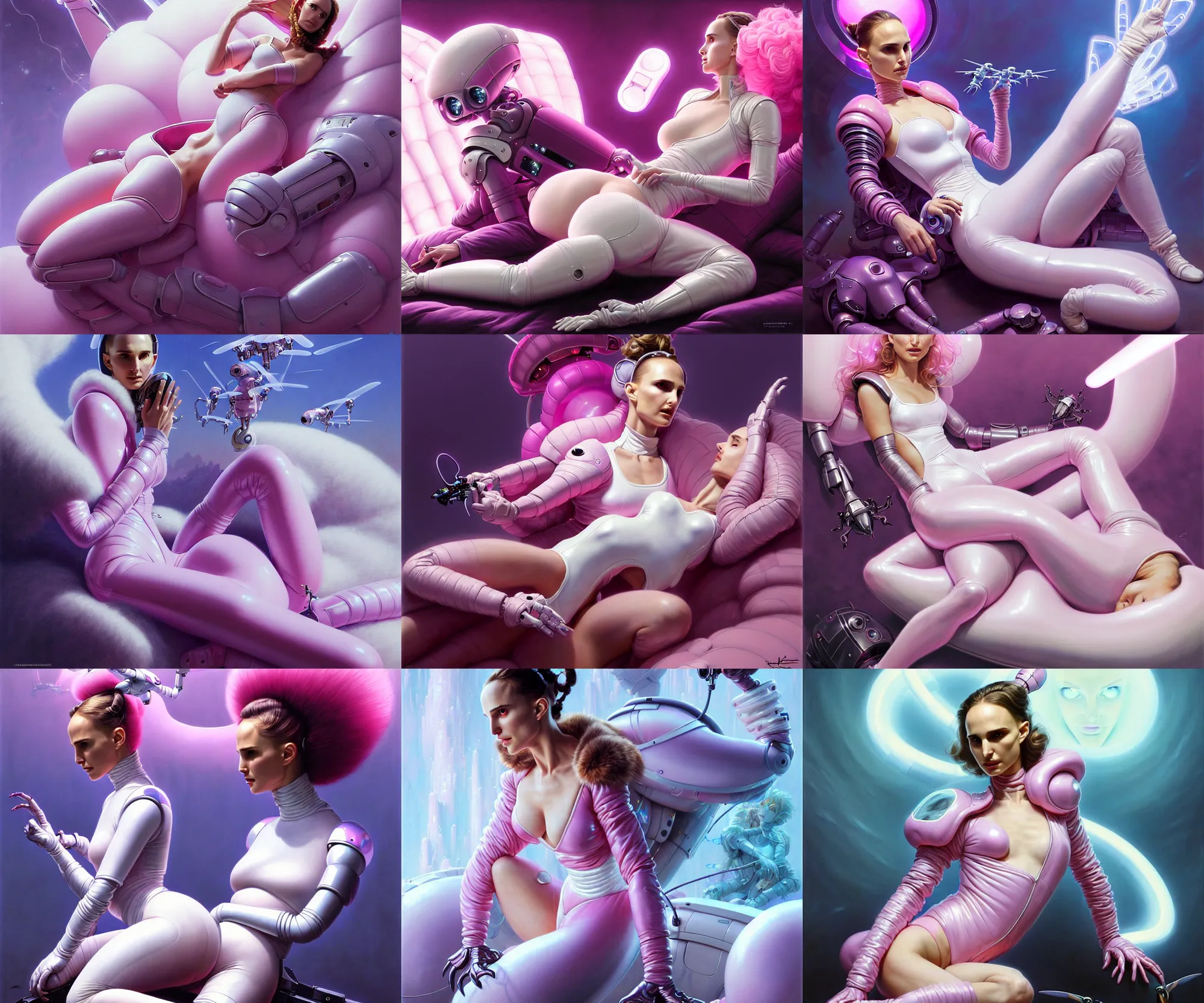 Prompt: beautiful fantasy character portrait, natalie portman, wearing oversized pink puffy bomber jacket and white leotard, seductive reclining pose, futuristic chrome drones, ultra realistic, dramatic lighting, robots, the fifth element artifacts, highly detailed by peter mohrbacher, hajime sorayama, wayne barlowe, boris vallejo, aaron horkey, gaston bussiere, craig mullins