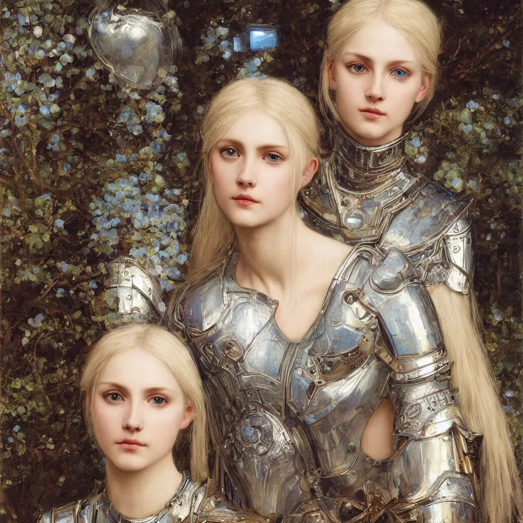 Prompt: a armored beautiful pale platinum - blonde young woman with light blue eyes, soft gaze, a golden round halo around her head, wearing a fine decorated silver breastplate, painted by john william waterhouse : : 0. 5, epic fantasy, masterpiece, portrait, fine art, digital art, detailed, ultra - hd, cinematic, volumetric, intricate