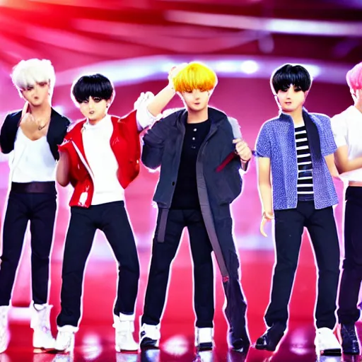 Prompt: bts boy band dolls on stage with screaming kim jong un octane render