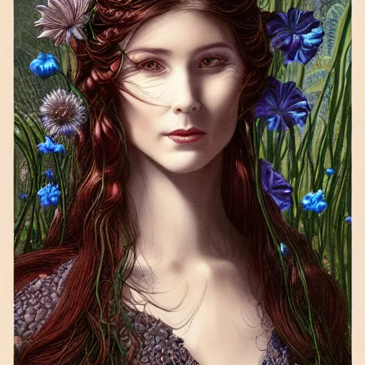 Image similar to facial portrait of a young pretty woman in flowing dress, arrogant, mysterious, long fine flowing hair, delicate, looking at camera, slightly awkward smile, realistic face, hands behind back, intricate, stylish, elegant, grimdark fantasy, flowers, extremely detailed painting inspired by Gerald Brom and Ernst Haeckel and Greg Rutkowski