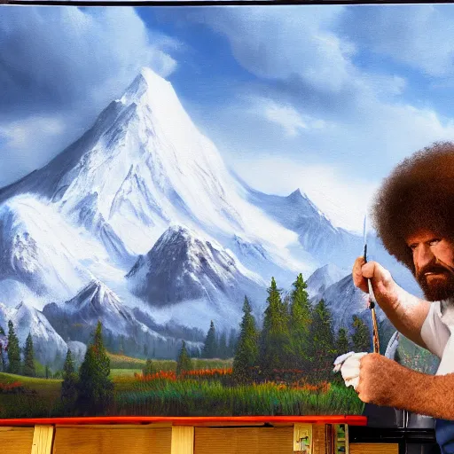 Image similar to a closeup photorealistic photograph of bob ross working on a canvas painting of elmo. film still. brightly lit scene. mountains and trees. this 4 k hd image is trending on artstation, featured on behance, well - rendered, extra crisp, features intricate detail, epic composition and the style of unreal engine.