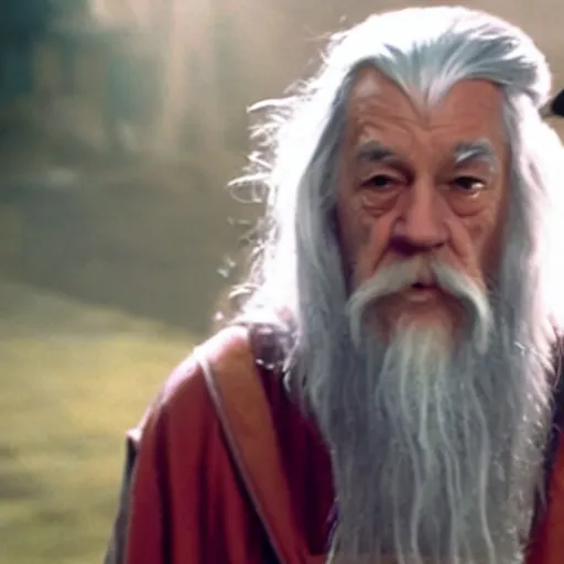 Image similar to gandalf with a pink bowtie on his head, holding a blank playing card up to the camera, movie still from the lord of the rings