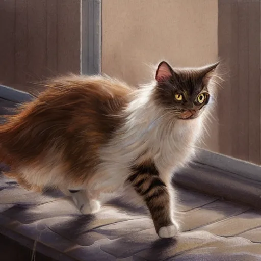 Image similar to a british longhair cat walking on the roof, by stanely artgerm