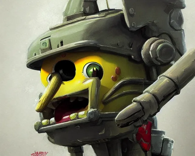 Image similar to portrait of spongebob squarepants as a doomguy, hd shot, digital portrait, beautiful, artstation, comic style, by artgerm, guy denning, jakub rozalski, magali villeneuve and charlie bowater