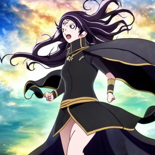 Prompt: DLE, Official Media, Screenshot from Black Clover, Anime key visual face of voluptuous yelling woman, long brunette hair, wearing shoulder cape, holding grimoire, firing rainbow energy blast