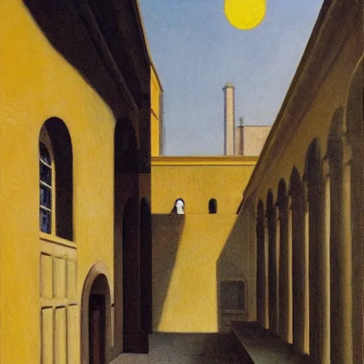 Image similar to in the distance, a little girl with short black hair and wearing a yellow coat alone in the inner courtyard of an abbey, the light is bright and wintry, painting by hopper and de chirico